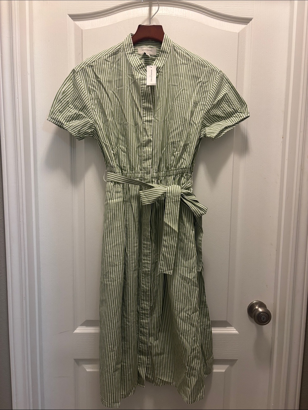 Banana Republic Petite Striped Belted Midi Shirt Dress Green White S NWT